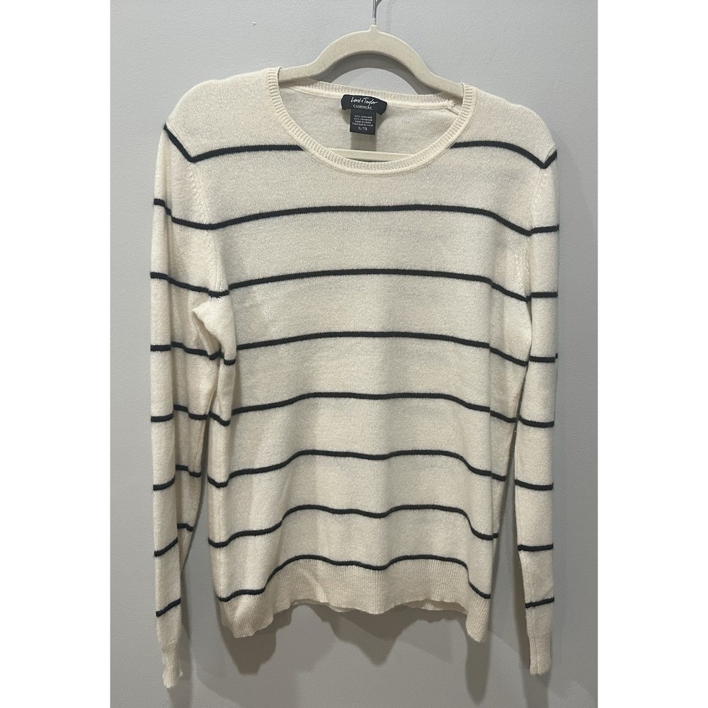 Lord & Taylor 100% Cashmere Sweater Women's XL Ivory Black Stripe‎ Crewneck